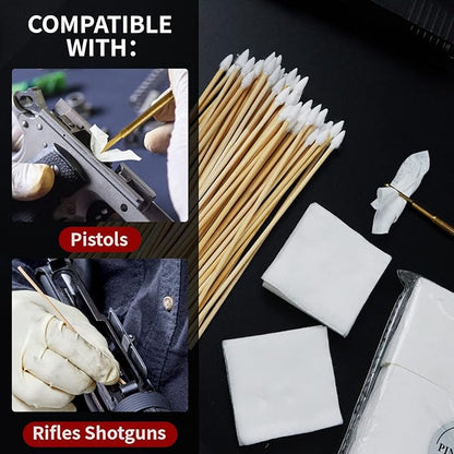 PINGMIC Gun Cleaning Supplies - Gun Cleaning Patches and Long Cotton Swabs Set, 6" Cotton Swabs, Lint Free Cloth Fit Most Caliber Firearms
