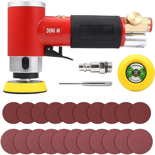 ZHONG AN 2 3-inch Mini Orbital Sander da sander Air Dual Action Sander Air Polisher Super Smooth and Swirl Freely High Speed for Auto Body Work with 20 PCS Sanding Discs (RED)