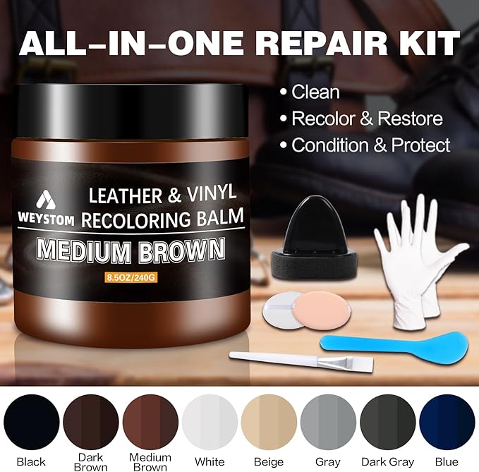 WEYSTOM Leather Recoloring Balm - Medium Brown Leather Repair Kit for Furniture, Dye, Recolor, Renew, Repair & Restore Aged, Faded, Cracked, Peeling and Scuffed