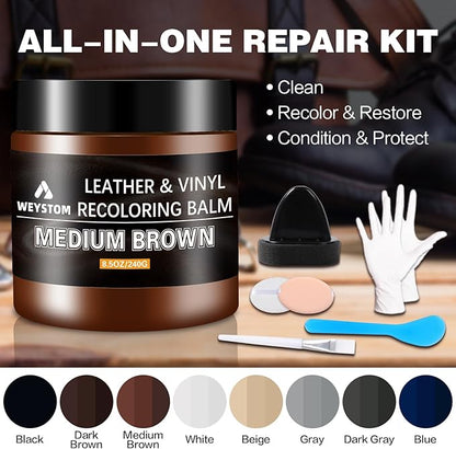 WEYSTOM Leather Recoloring Balm - Medium Brown Leather Repair Kit for Furniture, Dye, Recolor, Renew, Repair & Restore Aged, Faded, Cracked, Peeling and Scuffed