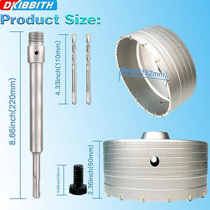 6" Concrete Hole Saw, 152mm Tungsten Steel Core Bit for Cinder Block, Brick, Rock, Plank Walls for Pipes or mini Split Lines, with SDS Plus Shank and 2 Center Positioning Drill Bits.
