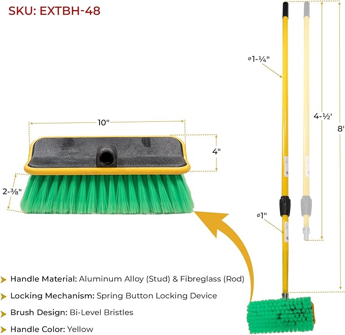 Mytee Products 4 Pack 10" Bi-Level Car Wash Brush and 4' to 8' Extendable Handle w/Soft Bristles Suitable for Auto RV Truck Boat Camper Exterior Washing Cleaning, Green