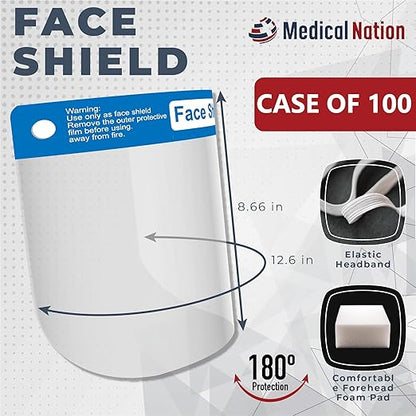 Medical Nation 100 Pack Face Shields | Clear Plastic Face Shield for Women, Men & Kids, Anti-Fog, Lightweight Reusable Full Face Shield Mask, Safety Visor Cover with Comfortable Sponge & Elastic Band
