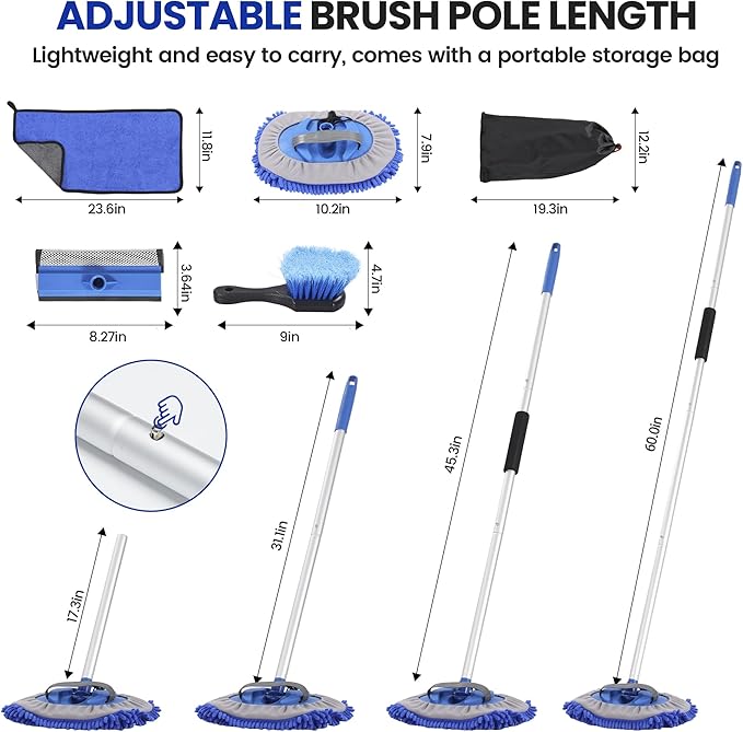Car Wash Brush with Long Handle, 60'' Car Wash Mop, 7Pcs Chenille Microfiber Cars Washing Kit with Window Squeegee/Microfiber Towels /Wheel Brush for Cars RV Truck Boat Floor Window, Blue