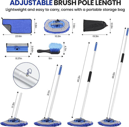 Car Wash Brush with Long Handle, 60'' Car Wash Mop, 7Pcs Chenille Microfiber Cars Washing Kit with Window Squeegee/Microfiber Towels /Wheel Brush for Cars RV Truck Boat Floor Window, Blue