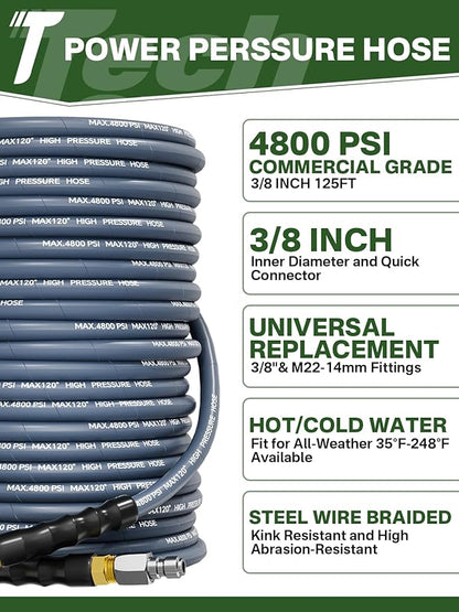 3/8" 4800PSI Pressure Washer Hose 125FT with Swivel Quick Connect for Cold/Hot Water Max 248°F, Kink Resistant Steel Wire Braided, Wear Resistant Power Washer Hose with M22 14mm Adapter