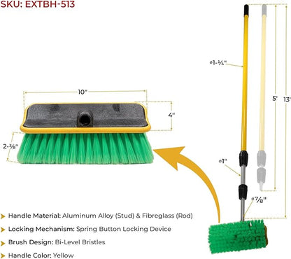 Mytee Products 2 - Pack 10" Bi-Level Car Wash Brush and 5' to 13' Extendable Handle w/Soft Bristles Suitable for Auto RV Truck Boat Camper Exterior Washing Cleaning, Green