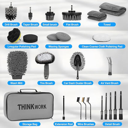THINKWORK Car Detailing Kit, Car Detailing Brush Set, Car Cleaning Drill Brush Kit with Extension Pole, Professional Auto Detailing Supplies for Automobile Interior Exterior Wheels