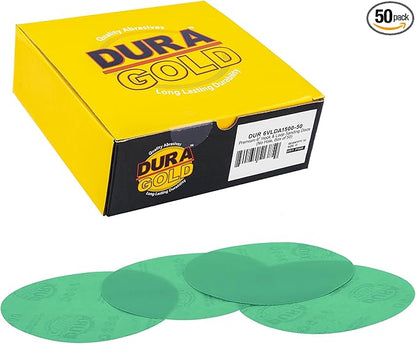 Dura-Gold Premium 1500 Grit 6" Gold Sandpaper Discs, No Hole Pattern Dustless, Box of 50, Hook & Loop Backing for DA Sander, Finishing Coarse Sanding Abrasive Automotive Paint, Woodworking Wood, Metal