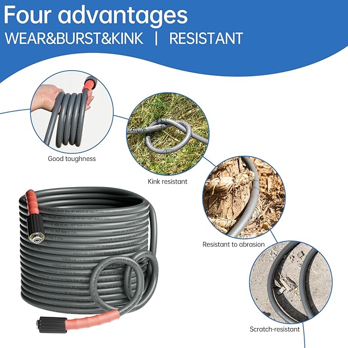 Pressure Washer Hose 50FT 1/4", Kink Resistant Power Washer Hose Compatible with M22 Fittings, Replacement For Most Brand Pressure Washers, 4000 PSI, Grey