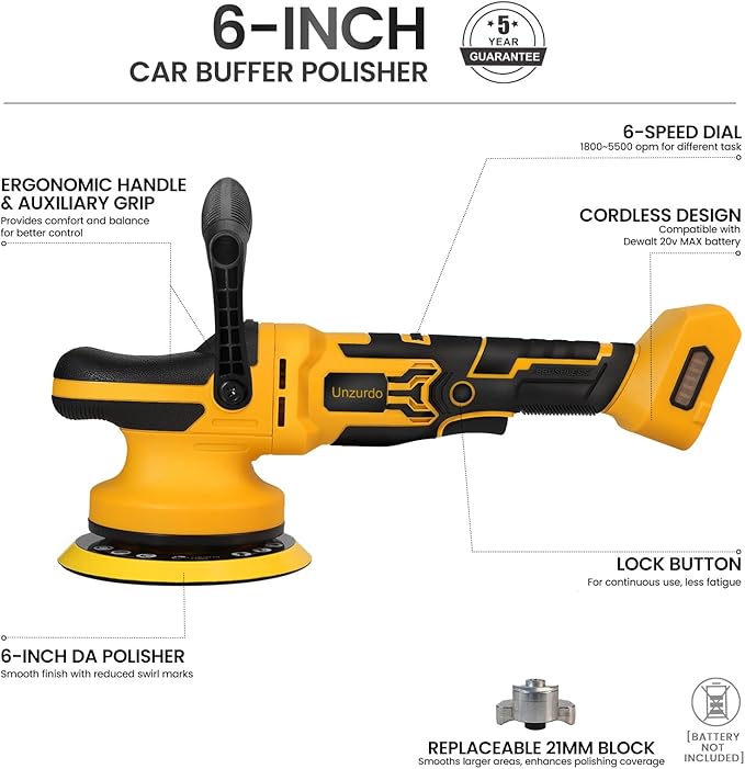 Cordless 6" DA Buffer Polisher Compatible with Dewalt 20V Battery(Tool Only), Brushless, 5500 OPM, 15mm/21mm Orbit, 6-Speed Random Orbital Car Polisher Waxer for Detailing