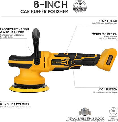 Cordless 6" DA Buffer Polisher Compatible with Dewalt 20V Battery(Tool Only), Brushless, 5500 OPM, 15mm/21mm Orbit, 6-Speed Random Orbital Car Polisher Waxer for Detailing