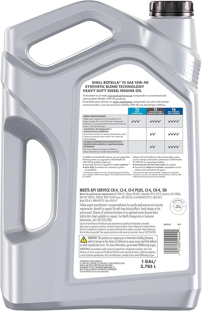Shell Rotella T5 Synthetic Blend 15W-40 Diesel Engine Oil, 1 Gallon
