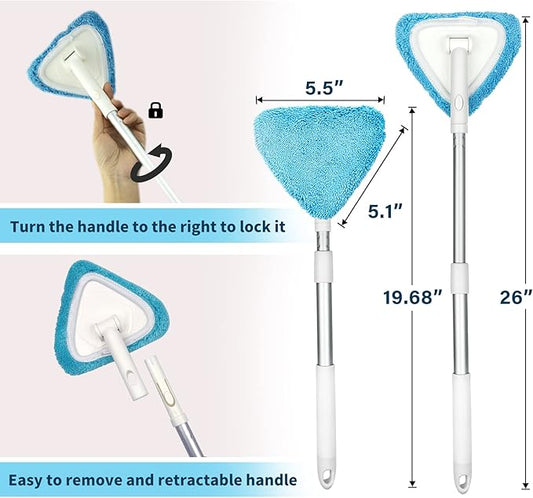BITOPE Windshield Cleaning Tool, 26" Adjustable Handle, 3pcs Microfiber Pads, Ideal for Cleaning Inside Exterior SUVs, Trucks, RVs, Glass Mirror & More