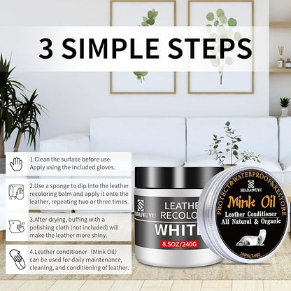 SHADAIWUYU 8.5oz Leather Recoloring Balm with 100ml Mink Oil,White Leather Repair kit for Furniture and Car Interior,Leather Couch Scratch Repair,Leather Dye Paint,Mink Oil for Leather