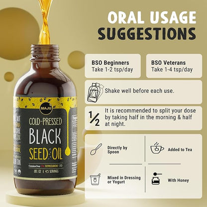 MAJU Black Seed Oil - 3 Times Thymoquinone, Cold-Pressed, 100% Turkish Black Cumin Seed Oil, Liquid Pure Blackseed, Glass Bottle, 8 oz
