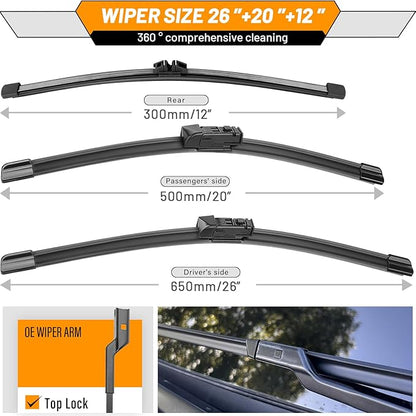 AUTOBOO 26"+20" Windshield Wipers with 12" Rear Wiper Blade Sets Replacement for BMW X3 X4 2018 2019 2020 2021 2022 2023 -Original Factory Quality (Pack of 3)