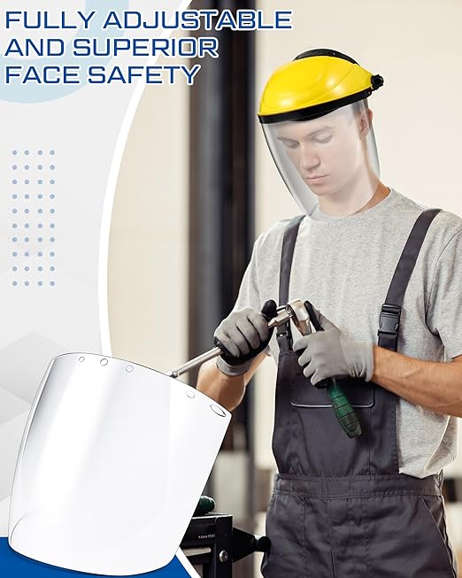 Tellegloww 4 Pcs Safety Face Shield for Grinding and Cutting, Clear Impact Resistant Visor, Full Face Shield Mask with Ratchet Headgear for Grinding, Isolation, Weed Whacking, Industrial Use (Yellow)