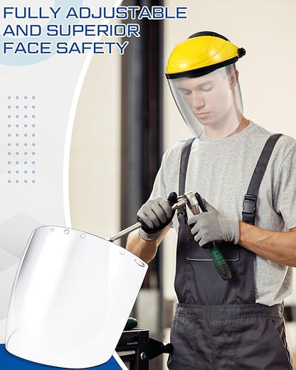 Tellegloww 4 Pcs Safety Face Shield for Grinding and Cutting, Clear Impact Resistant Visor, Full Face Shield Mask with Ratchet Headgear for Grinding, Isolation, Weed Whacking, Industrial Use (Yellow)