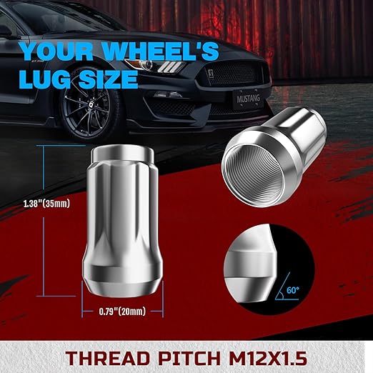 JiiinMiiin 20PCS M12x1.5 Lug Nuts Chrome 6 Spline Tuner, Closed End Aftermarket Locking Lugnuts 1.38 inch Length with 1 Socket Key 60 Degree Conical/Cone Bulge Seat