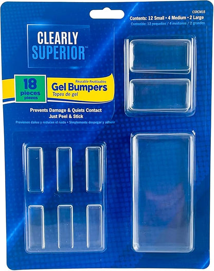 Clearly Superior Gel Bumpers - Rectangle Variety Pack of 18 Small, Medium & Large – Low Profile - Protects Surfaces & Quiets Contact - Prevents Damage to Walls, Furniture, Appliances. - Peel & Stick