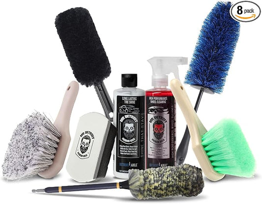 Mr. Detroit - 8pc Car Wheel Detailing Kit Wheel and Tire Cleaner, Wheel & Body Brushes, Wheel Barrel Brush, Rim Brush, Drill Wheel Brush, Applicator Pad, Non-Scratch Deep Clean