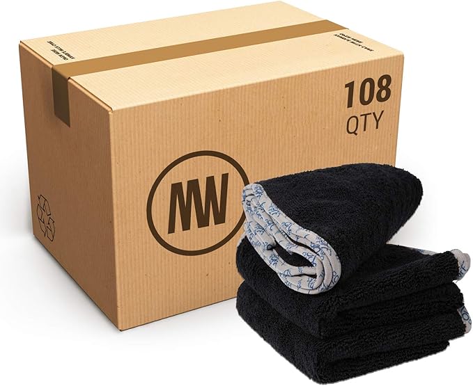 Detail Microfiber Car Towels Bulk (16" x 24") | 400 GSM | 80/20 Blend | Tagless | Soft Satin Piped Edges | All-Purpose Auto Detailing - Wax, Buff, Polish, Wash, Dry | Case of 108 (Black)