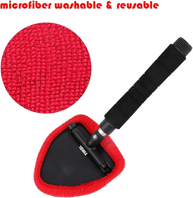 Windshield Cleaner Tool, Extendable Handle and Adjustable Triangular Shape Window Windshield Cleaner Kit, Car Windshields Washing Brush, with 2Pcs Washable and Reusable Pads