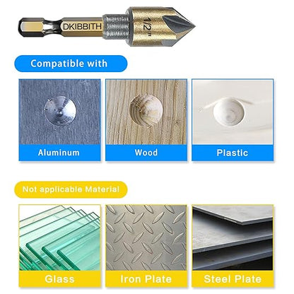 Countersink Drill Bit Set, 5pc, 1/4" Hex Shank, 82 Degree Countersink Holes for Screws to Sit Flush or Under The Surface of Metal Wood Plastic, Sizes 1/4, 3/8, 1/2, 5/8, 3/4 Inches with Storage Case