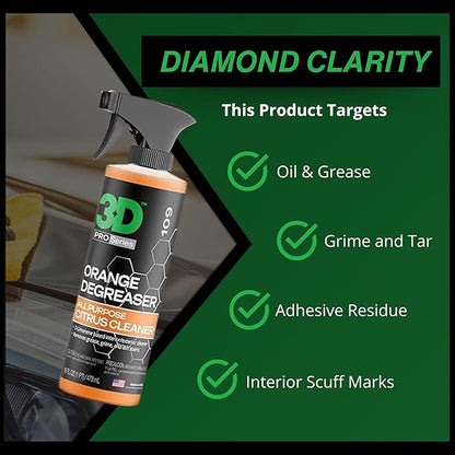 3D Orange Degreaser – Citrus-Based Car Cleaner for Oil, Grease, Grime & Adhesives – Water-Based, Non-Corrosive, Eco-Friendly, Interior & Exterior Use - 16 Fl oz
