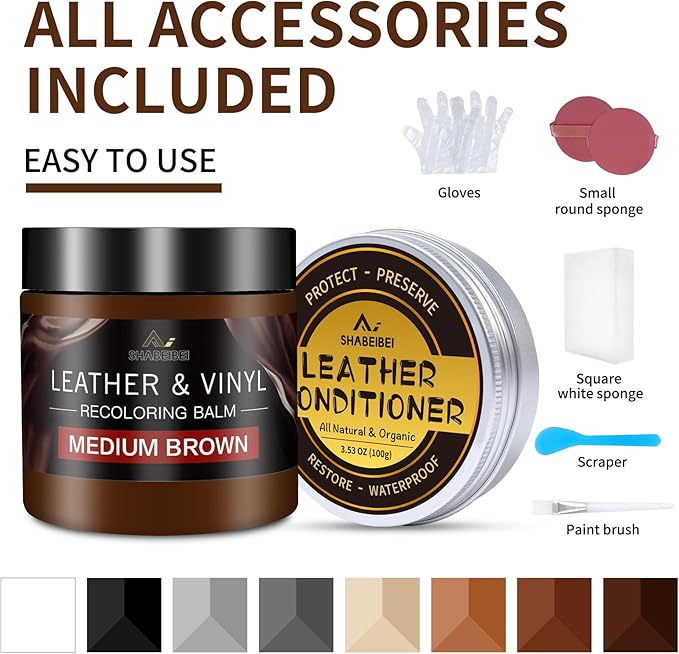 SHABEIBEI Leather Recoloring Balm with 100ml Mink Oil, Medium Brown Leather Repair Kit and Scratch Remover for Furniture, Car Seats, Sofas, Dye & Restorer for Couches, Vinyl, PU, Faux