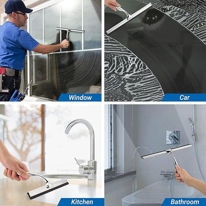 ecooe Stainless Steel Shower Squeegee with Hook, 12″ Shower Glass Cleaner Wiper Scraper with 2 Replacement Blade Window Squeegee for Home Bathroom Kitchen Car Glass Doors