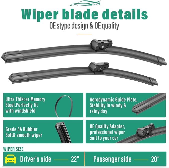 22" 20" 9" Windshield Wiper Blades Replacement for Ford Bronco Sport 2021 2022 2023 2024 2025 Premium All Weather Front Rear Wipers Set - OEM Quality (Pack of 3)