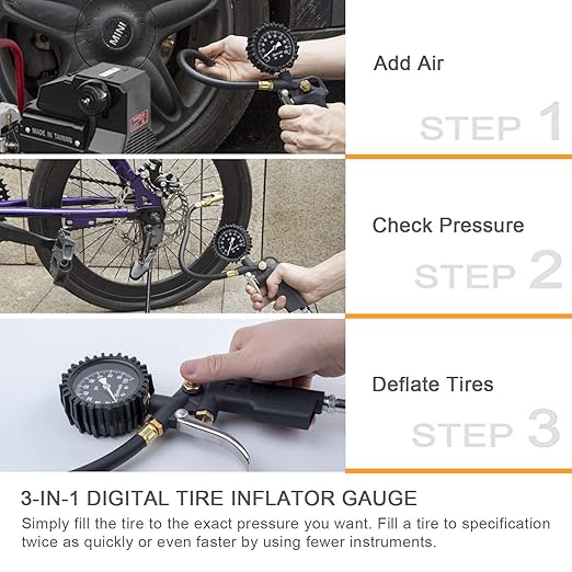 AstroAI Tire Pressure Gauge with Inflator, 100 PSI-ANSI B40.1 Accurate, Large 2.5" Easy Read Glow Dial, Heavy Duty Air Chuck and Compressor Accessories with Rubber Hose and Quick Connect Coupler