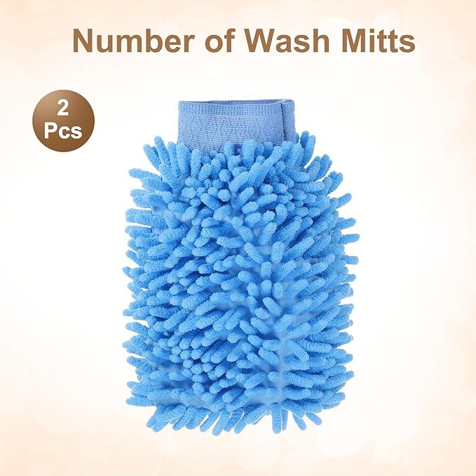 HARFINGTON 2pcs Chenille Microfiber Car Wash Mitts 9.8" x 7.9" Scratch Free Wash Gloves Absorbent Double Sided Plush Cleaning Drying Mitts for Car Washing Home Light Blue
