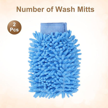 HARFINGTON 2pcs Chenille Microfiber Car Wash Mitts 9.8" x 7.9" Scratch Free Wash Gloves Absorbent Double Sided Plush Cleaning Drying Mitts for Car Washing Home Light Blue