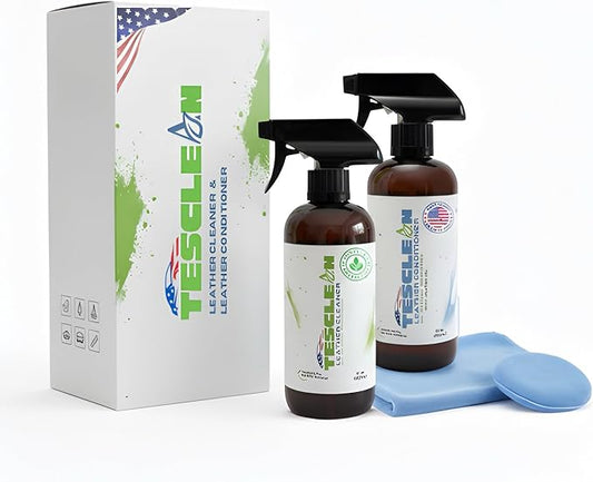 Tesclean Car Leather Cleaner & Conditioner, Made in the USA, Dash & Vinyl,Vegan Conditioner Electric Vehicle Interiors, With Microfiber Towel & Sponge, Interior Cleaner For Tesla