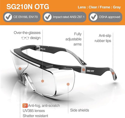 DEX FIT Safety Over Glasses SG210 OTG; Fit Over Your Eyewear, Z87 Eye Protection, 3X Fog & Scratch Resistant, Adjustable for Women & Men, UV Protective (Black & Grey Frame, Clear Lens)