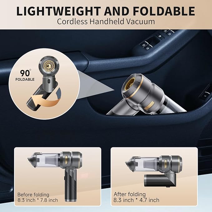 AQSFLA Car Vacuum Portable Cordless 22000PA High Power Handheld Mini Vacuum Cleaner Rechargeable Foldable with Brushless Motor Air Blower Duster Pump for Car Home Office Pet (Gray)