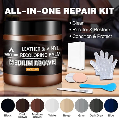 WEYSTOM Leather Recoloring Balm - Medium Brown Leather Repair Kit for Furniture, Dye, Recolor, Renew, Repair & Restore Aged, Faded, Cracked, Peeling and Scuffed