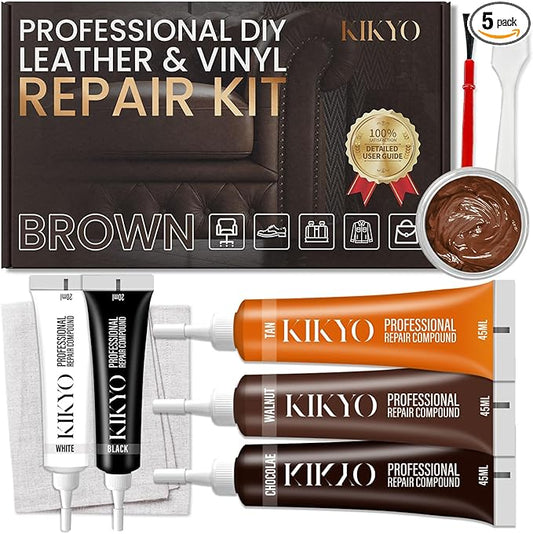 KIKYO Brown Leather Repair Kit, Artificial Leather Couch Repair Kit for Furniture, Chair, Sofa, Jacket, Purse, Belt, Color Match Repair Kit for Scratches, Tears, Holes on Vinyl, Genuine & Faux Leather
