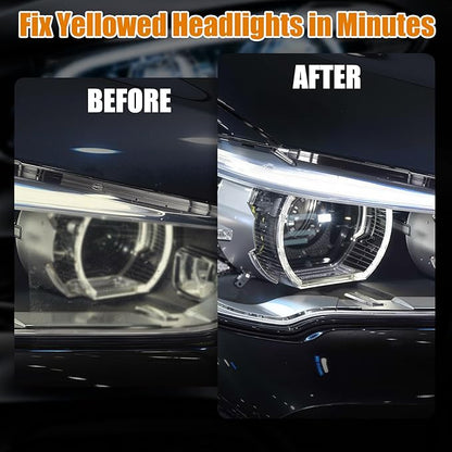 Automotive Headlight Restoration Kit - Refurbishing Fluid & Polishing Cleaner for Oxidized, Yellowed Headlamps, Enhanced Hydrophobic Coating for Superior Gloss & Protection on All Vehicles