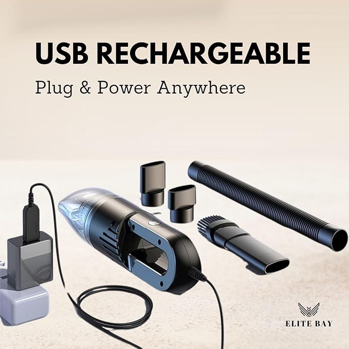 ELITE BAY Car Vacuum Cleaner – 120W High-Power Cordless Mini Vacuum with USB Charging | Dual 2000mAh Battery | Lightweight 0.36kg | 0.5L Dust Capacity | Compact Handheld Cleaner Car Home Office