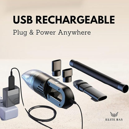 ELITE BAY Car Vacuum Cleaner – 120W High-Power Cordless Mini Vacuum with USB Charging | Dual 2000mAh Battery | Lightweight 0.36kg | 0.5L Dust Capacity | Compact Handheld Cleaner Car Home Office