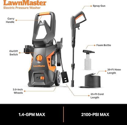 LawnMaster LT306-1800C Electric Pressure Washer 13 Amp 1.4 GPM 2100 Max PSI with Foam Bottle CSA Certified