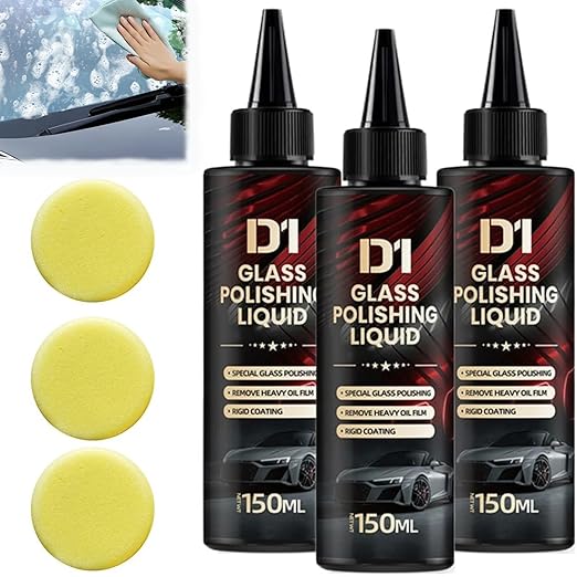 3pcs Bianca Glass Polishing Liquid D1 with Sponges,Car Glass Polishing Compound Windshield Cleaner Glas Oil Film Remover,Anti-Fog Hydrophobic Coating Spray, Oil Film,Wiper Marks and Scratches
