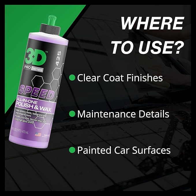 3D Speed All-In-One Polish & Wax – Scratch & Swirl Remover, Clear Coat Safe Paint Sealant – High Gloss Finish, Easy Application – 32oz – Made in USA