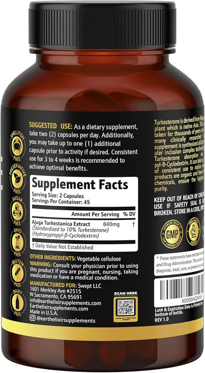 Turkesterone 840 mg – Natural Testosterone Support - 100% Pure Turkesterone Supplement for Men & Women - Ajuga Turkestanica Extract - Made in USA & 3rd Party Tested for Strength, Energy & Vitality