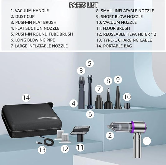 LYCVVVGS Handheld Car Vacuum Cleaner, 21000PA Rechargeable High Power Cordless Mini Vacuum Cleaner and Blower 4-in-1 with 3 Gear, Vacuum with Brushless Motor for Car, Home, Office, PC