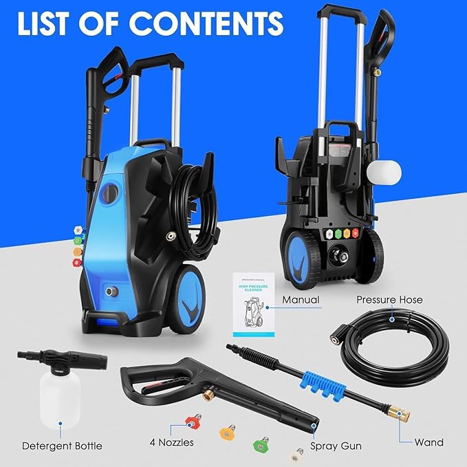 Pressure Cleaner, Heavy Duty Power Cleaner with Foam Cannon, 4 Nozzle Tips,33FT Hose and Soap Bottle for Home/Cars/Driveways/Patios/Decks/Fences